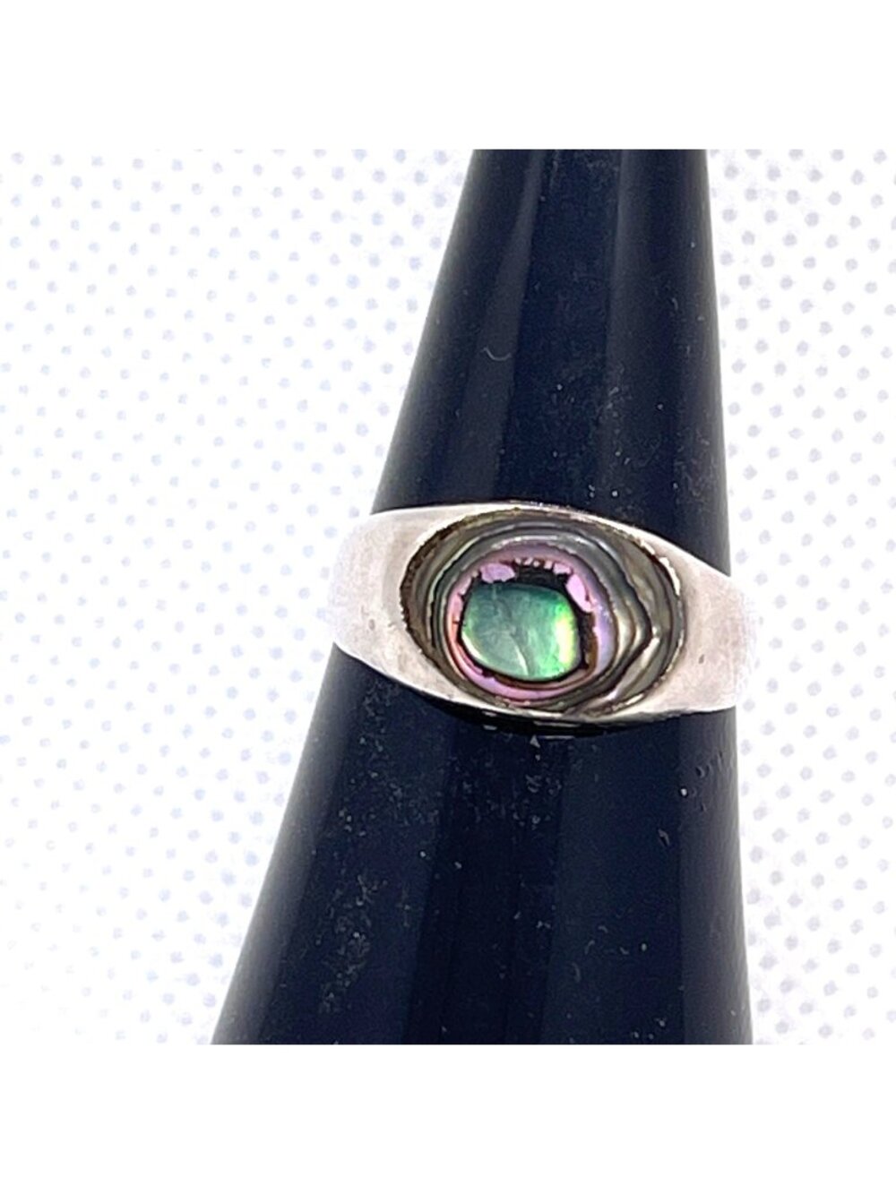 Mexico Silver Ring Abalone Shell Green Iridescent Inlay Signed Size 6.75 Vintage